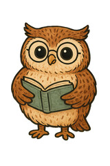 Fototapeta premium Cartoon owl reading book on transparent background. Cute forest animal character for education, literacy, and learning concept. Illustration for children's book or school design