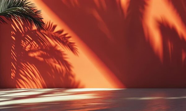 Orange wall with the shadow of a palm tree on it, empty space for product presentation, orange background, close-up, 