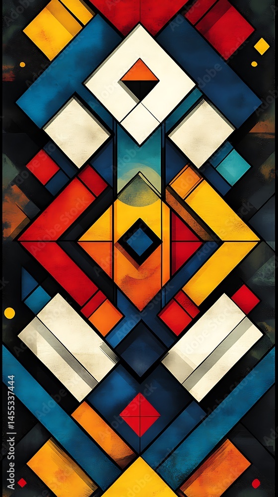 Poster abstract geometric shapes are displayed in a colorful and symmetrically appealing arrangement with a