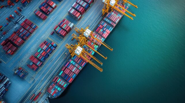 aerial view of a busy container terminal with cargo ships berthe