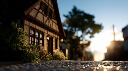 Charming german mansion with a steep gable roof, timber windows, and cobblestone street under soft sunlight