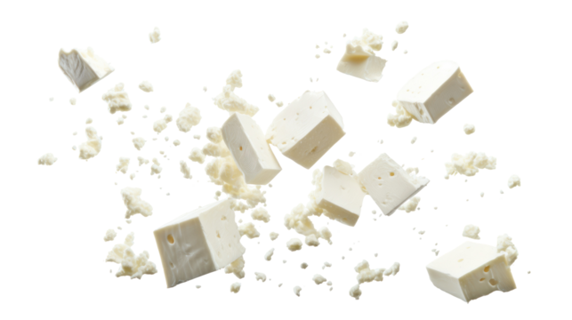 Feta Cheese Falling on transparent background