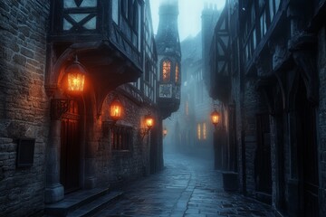 Misty cobblestone alleyway illuminated by warm vintage lanterns in an old European village at dusk