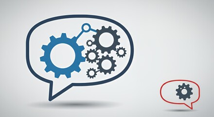 Conceptual illustration: Interconnected gears within a speech bubble, symbolizing communication, teamwork, and collaborative problem-solving in a business or technological context.