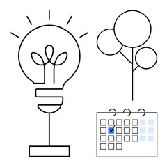 Lightbulb with leaf design symbolizing ideas, tree signifying growth, and a calendar with a checkmark emphasizing planning. Ideal for creativity, innovation, ecology, sustainability, time management