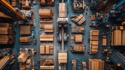Aerial View of a Lumber Yard: Stacks of Wood, Cranes, and Industrial Machinery