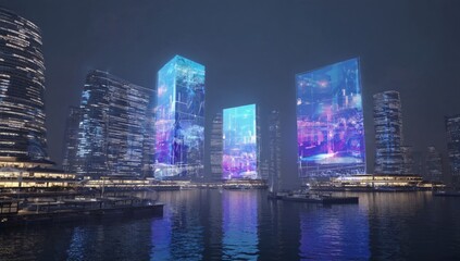 Fototapeta premium Futuristic cityscape with tall glowing skyscrapers reflecting in calm water at night. Vibrant digital displays light up the skyline, creating a colorful high-tech urban atmosphere by the waterfront.