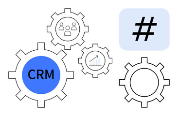 CRM gear in blue alongside smaller gears with user metrics, chart, and metadata tag. Ideal for teamwork, data management, business strategy, networking, analytics, marketing simple landing page