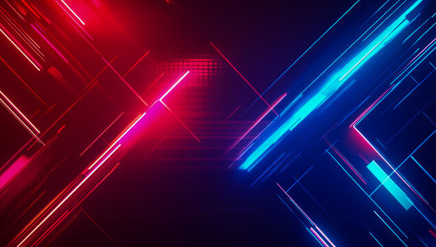 Abstract cyberpunk-inspired background featuring neon bright arrows, dark blue and red color schemes, and vibrant glowing lines.