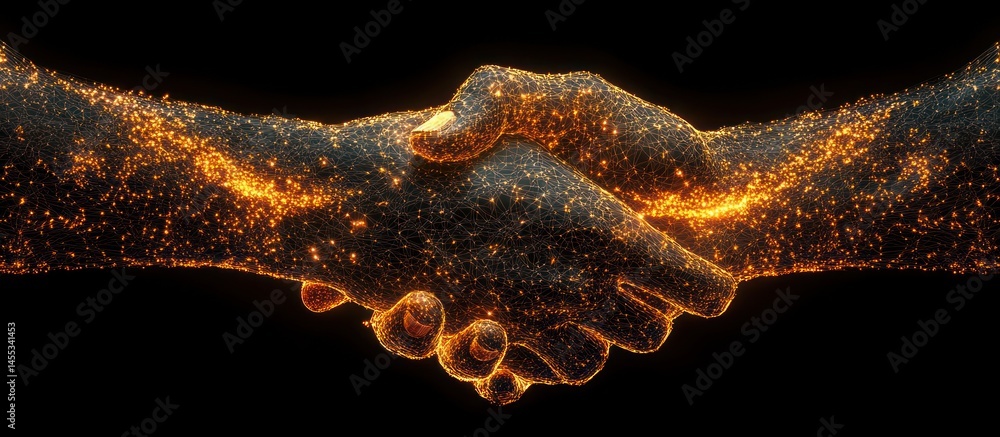 Poster conceptual digital handshake symbolizing partnership with interc