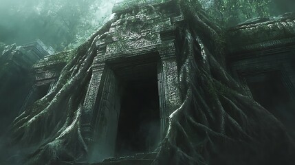 Ancient stone temple covered in jungle vines rises from the fog, suggesting forgotten lore