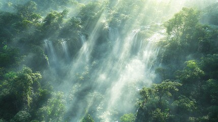 Generative AI Image of Dense Trees in Forest Nature Landscape with Fog and Sunlight