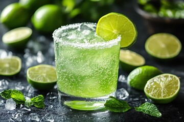 Fototapeta premium Refreshing lime drink garnished with mint leaves