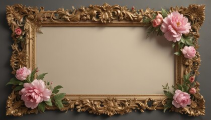 Elegant Baroque frame with scrolling acanthus leaves and stylized roses & peonies ,  wallpaper,  illustration,  motif
