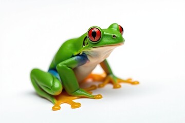 Obraz premium Green tree frog perched on white, vibrant skin, leaping, frog