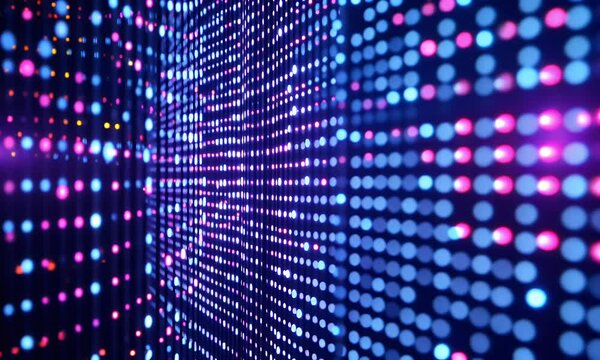 3D render of a wall of LED lights in blue and purple colors on the background of an empty room with floor reflections. 