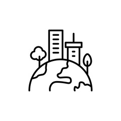 Green town icon. Simple outline style. Clean city, sustainable future, building, house, tree, earth, globe, world environment concept. Thin line symbol. Vector illustration isolated.