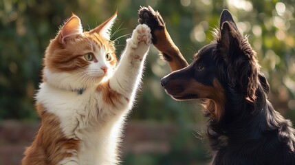 Cat and Dog High-Five: A cat and dog giving each other a high-five, showcasing their playful interaction.
