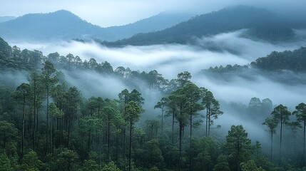 Generative AI Image of Hill Mountain Landscape with Trees in Foggy Forest