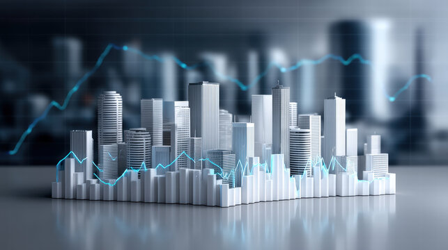 Modern city skyline with financial graphs overlaying 3D model, showcasing urban architecture and economic trends. scene conveys sense of growth and innovation in dynamic environment