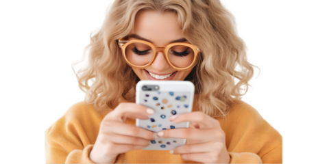 Photo of a Blonde Woman Smiling While Looking at Her Smartphone