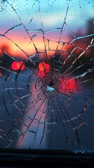 Deeply shattered automobile windshield displays a network of fractured lines against a bokeh sunset