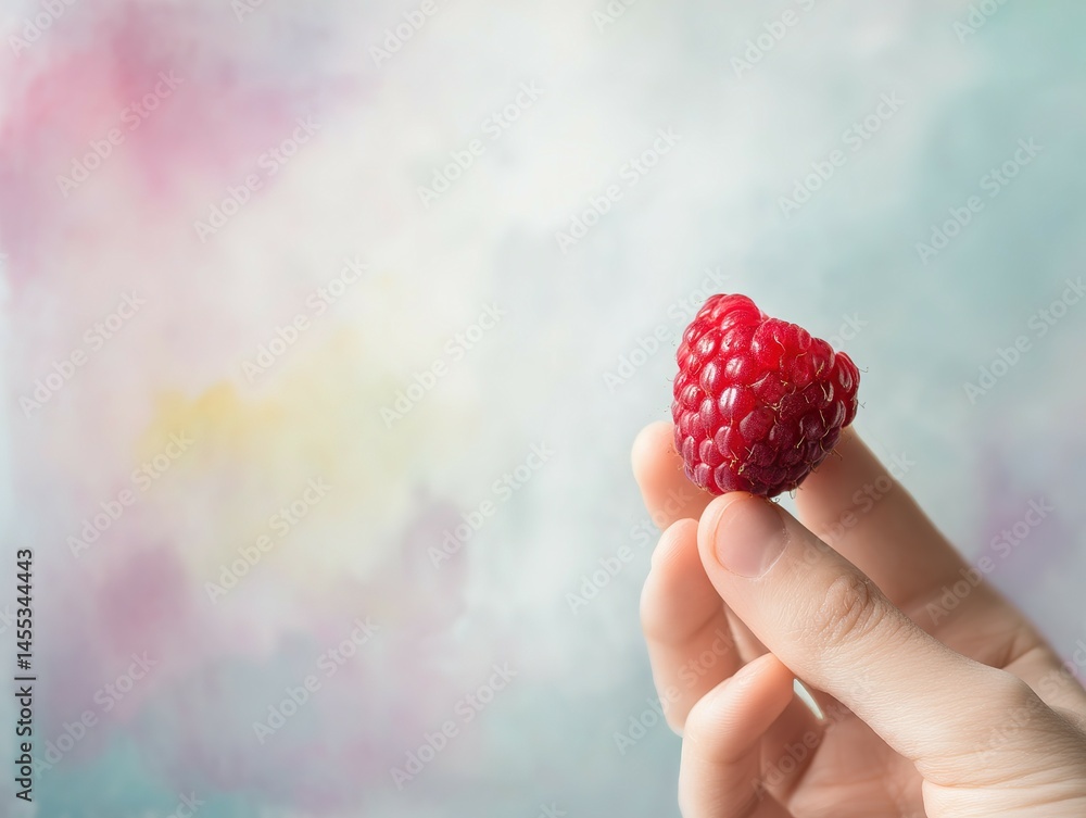 Poster close-up view of a single, vibrant raspberry held in a hand.