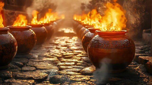 Burning flames in ancient pots line a stone path, creating a mystical, spiritual mood.