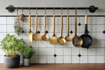 Gold and black kitchen utensils hang on a rack against a white tile backsplash.