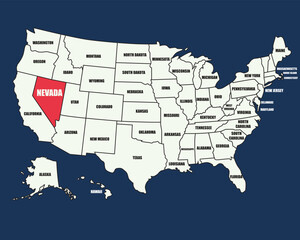 Detailed USA map illustration with state names, highlighting Nevada, perfect for geography, education, and travel.