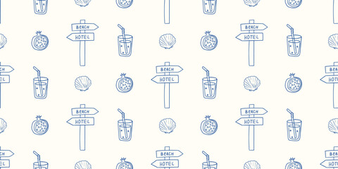 Pattern featuring beach signs, drinks, and shells in a fun coastal design