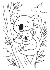 Coloring book koala and baby sleep peacefully in a eucalyptus tree under gentle clouds. 