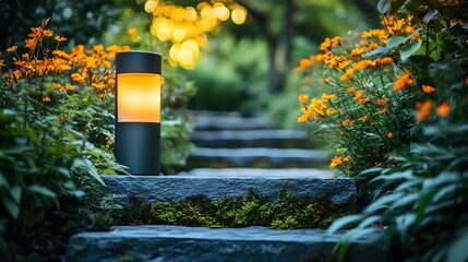Illuminated garden lantern rests on mossy stone steps between vibrant orange flower bushes