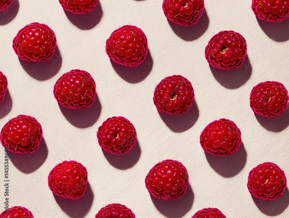 Aufkleber fresh raspberries arranged in a symmetrical pattern on a light background.