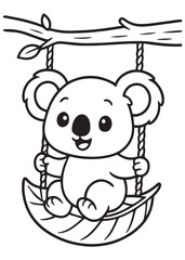 Coloring book koala happily swings on a leaf hanging from a branch. 