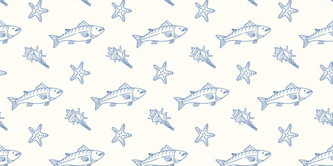 Fototapeta premium Pattern featuring fish and starfish on a light background for nautical-themed design