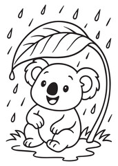 Coloring book koala smiles happily under a large leaf in the rain. Adorable line art for coloring education kid