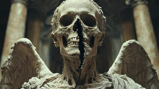 Decaying angel statue, wings outstretched, skull-like face, dark mood.