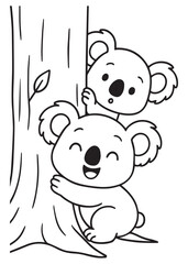 Coloring book koalas hug a tree trunk with happy expressions. Adorable line art for coloring creative kid 