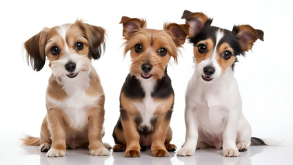 Portrait of three dogs sitting and looking at the camera isolated against a white background spacious composition for copy