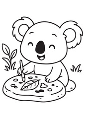 Coloring book koala happily draws a leaf on a round surface. Adorable line art for coloring education kid