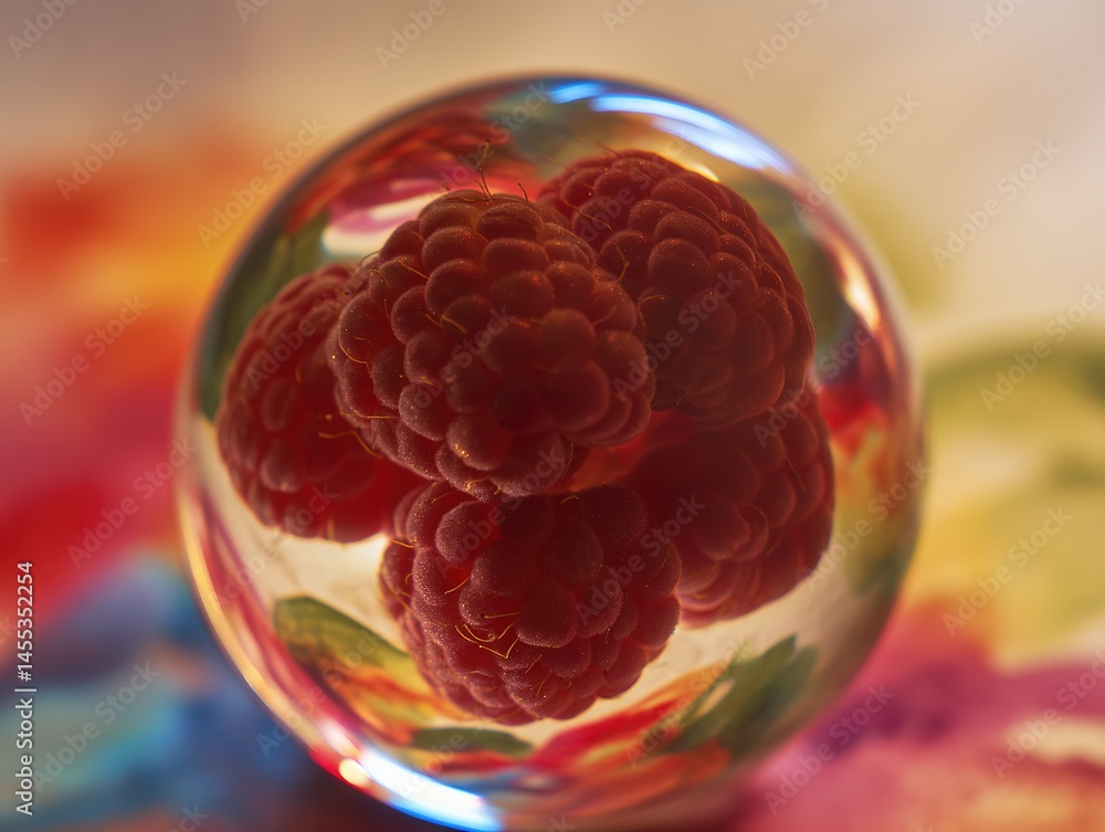 Poster close-up view of raspberries inside a transparent sphere.