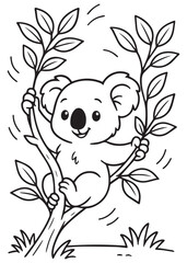 Coloring book koala happily clings to eucalyptus tree branches.  © eli1993