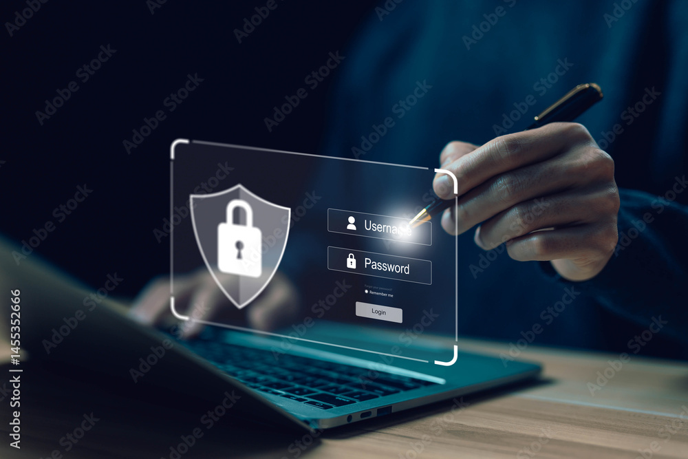 Poster laptop shows the icon lock shield for cybersecurity. concept of secure privacy data, protect cybercr