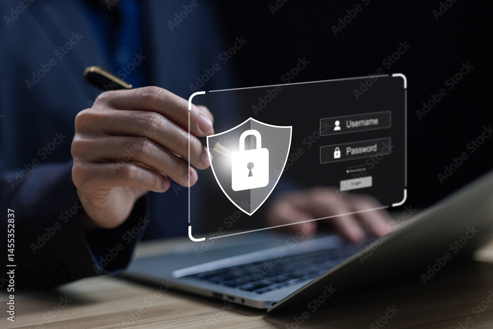 Poster laptop shows the icon lock shield for cybersecurity. concept of secure privacy data, protect cybercr