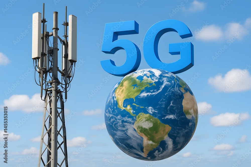 Poster two network antennas stand with a large “5g” text and a rotating earth model behind. concept of enha