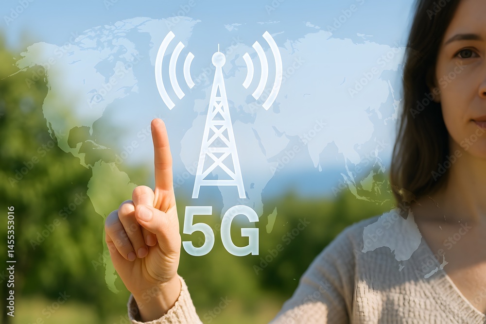 Poster a female user interacts with a transparent 5g network symbol projected in midair over a natural sett