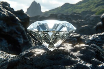 Sparkling diamond rests on volcanic rock, bathed in sunlight.  Mountain backdrop