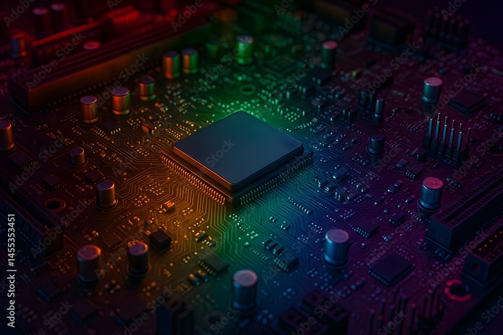 Poster a high-performance chip glows atop a dark circuit board streaked with colorful accent lighting. conc