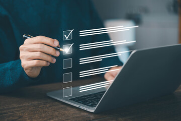 tick check mark in a checklist. concept of online list questionnaire, report, and evaluation. a...